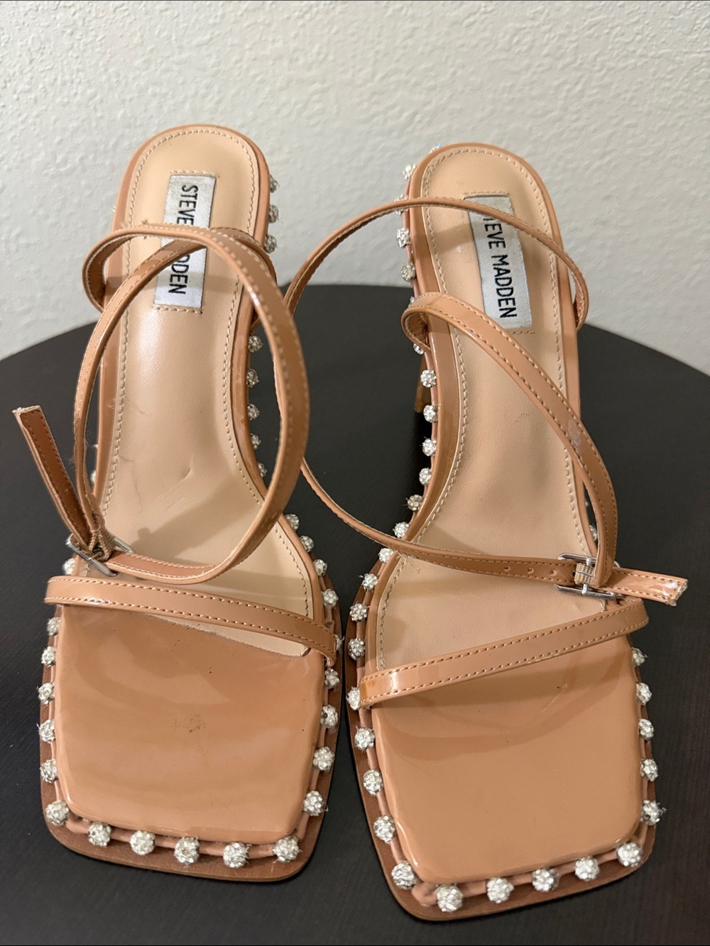 Steve Madden Tan Crystal-Trim Strappy Heels